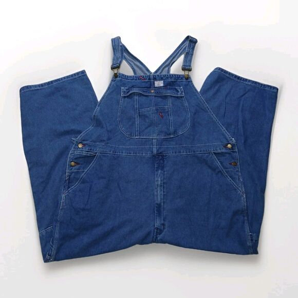 Hisea Mens Vintage Overall Bibs Blue Jeans 52x30 Workwear Comfort 100% Cotton - Picture 2 of 16